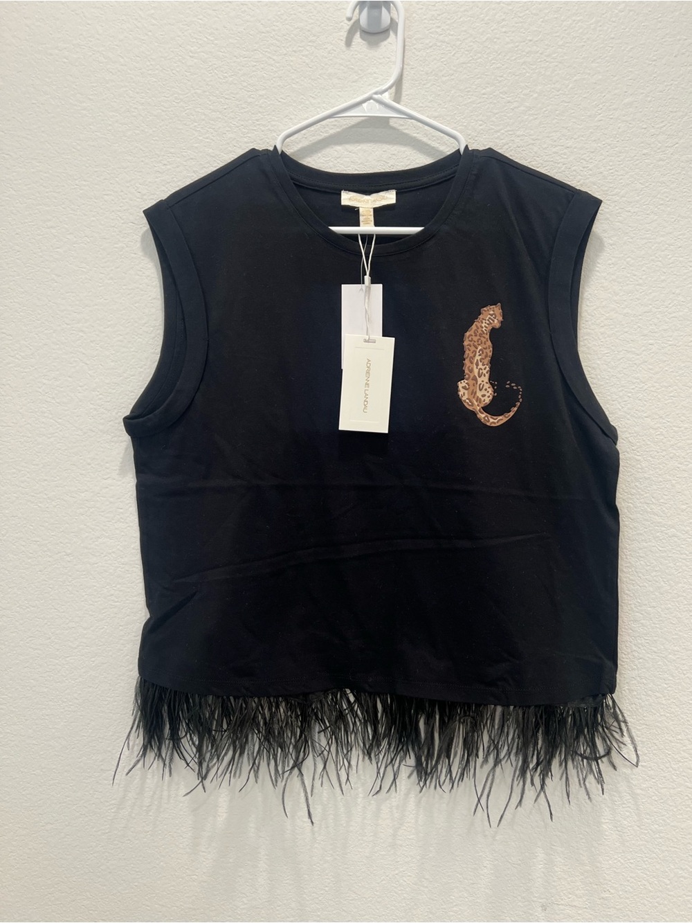 Sleeveless Black Feather Hem Tank with Leopard Patch by ADRIENNE LANDAU Size L
